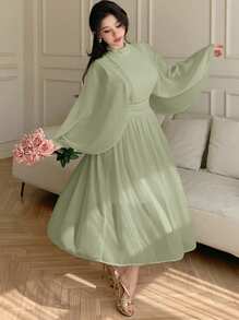 DAZY Plain Collar Pleated Ruffle Sleeve Midi Dress For Women Prom Dress Elegant,Fall Clothes