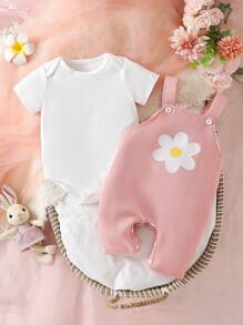 2 件套女婴雏菊花朵印花可调节按扣连体衣套装，舒适可爱的春夏秋季服装 - 彩色 - 查看 2