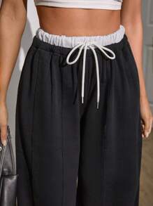 EURMUSE Petite Size Women Extra Belt And Drawstring Detailed Bottom Sweatpant Black Pants - Black - View 4