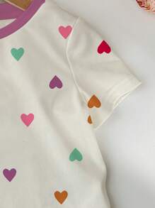 SHEIN Cute Colorful Heart Print Young Girl Casual Simple Round Neck Short Sleeve T-Shirt, Suitable For Summer
