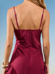 SHE(IN) BRASIL Solid Ruffle Hem Cami Dress - Red - View 5