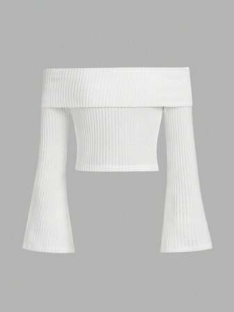 SHEIN Girlism Tween Girl Knitted Solid Color Open Shoulder Casual T-Shirt