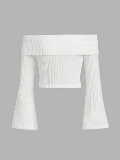 SHEIN Girlism 少女針織實色露肩休閒T恤