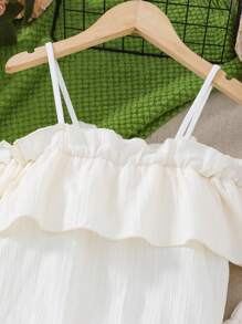 2pcs Tween Girl Textured Fabric Off Shoulder Camisole With Wide-Leg Pants Vacation Set, Spring/Summer - Apricot - View 3