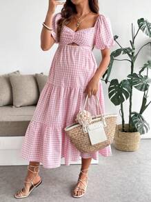 SHEIN Váy bầu họa tiết kẻ caro cổ tim viền bèo nhún thường ngày, dành cho tiệc chào đón em bé - Hồng - Xem 6