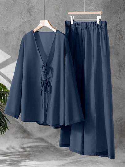 Linhara 2 st Plus Size Casual Enfärgad dragsko skjorta och byxor Set