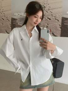 DAZY 女式秋季马图案落肩长袖单排扣休闲宽松衬衫，秋季女装 - 白色 - 查看 3