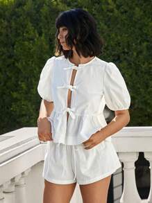 SHEIN EZwear 2pcs/Set Women's Solid Color Bow Decor Short Puff Sleeve Top And Shorts - White - View 7