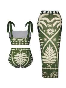 Swim Oasis Plus Size Women 3 Pieces Set: Tie Shoulder Top & Bottom Bikini Set & Cover Up Skirt, Hawaii Outfit Suitable For Beach Vacation, Summer