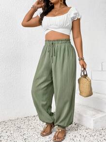 SHEIN Frenchy Plus Size Solid Color Drawstring Waist Loose Tapered Pants - Green - View 1