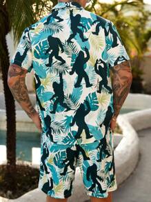 Manfinity RSRT 2pcs/Set Men's Tropical Leaf & Ape Print Button-Up Shirt And Elastic Drawstring Shorts Set, Beach Holiday Casual - Green - View 2