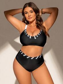 SHEIN Swim Curve Plus Size Women 2 Pieces Solid Color Floral Print Elastic Sports Beach Swimwear Set For Summer Beach Vacation - Black - View 4