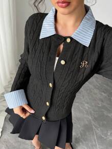 Franclia New Blogger-Style Fashionable Design Sense Preppy Style 2 In 1 Patchwork Knitted Cardigan Crop Sweater Fall Winter Cloth For Women