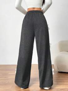 Teen Girls Loose Knit Wide Leg Pants Black Color With White Lace Bow Decor, Casual Waist Tie Front Pants, Gift For Valentine's Day, Friends Or Yourself,Holiday,Summer,Travel - Dark Grey - View 2