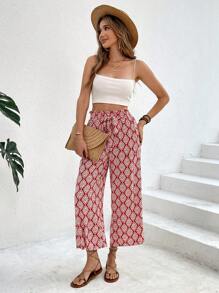 SHEIN Frenchy 女士全印花打结腰部口袋宽松直腿阔腿裤，适合度假 - 彩色 - 查看 5