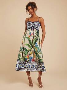 Travachic Women's Tropical Print Tie Front Frill Trim Sleeveless Vacation Dress,Sun Dress - Multicolor - View 4