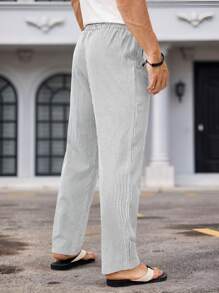 Manfinity Homme Men's Drawstring Waist Letter & Striped Patch Pocket Pants,Men's Casual Daily INS Striped Style, Loose, Fashionable And Handsome, A Gift For Husband, Boyfriend And Father, Sports And Comfortable Fabric, Outdoor Travel, Commuting To Work, Beautiful INS Versatile Item, Essential For Spring And Summer,Straight Leg Pants,Linen Pants,Breathable,Casual Pants,Best Seller