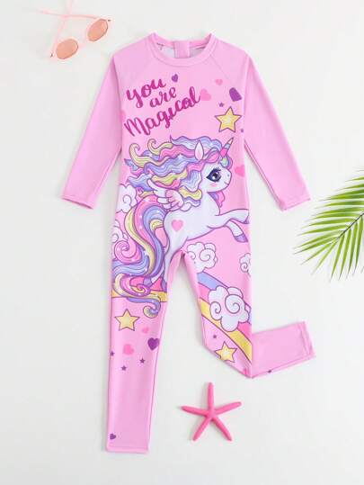 SHEIN Traje de baño de manga larga y pantalón largo con estampado de unicornio y arcoíris para niña, ideal para actividades en parques acuáticos