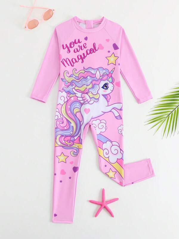 SHEIN بدلة سباحة للفتيات ذات أكمام طويلة وسراويل طويلة بطبعة وحيد القرن والقوس مناسبة للنشاطات المائية في حديقة المياه