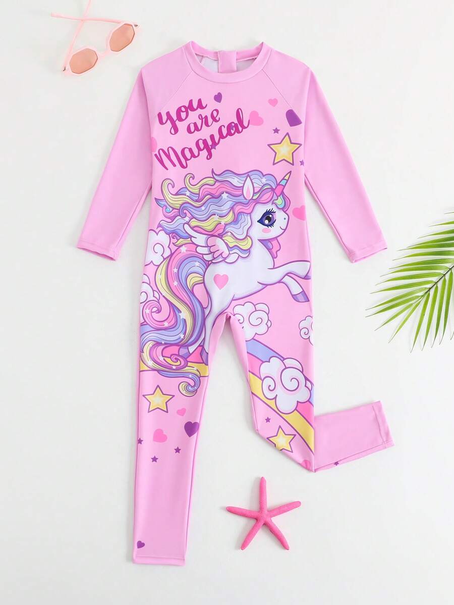Sparklyn 小女孩独角兽彩虹长袖长裤泳衣，非常适合水上乐园活动