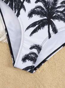 Tween Girls Tankini Bathing Suit ,Solid Ruffled Camisole Top With Coconut Tree Print Bikini Bottom - Black - View 5