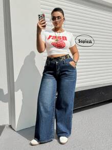 SHEIN EZwear Plus Size Blue Denim Wide Leg Casual Pants With Dual Waist Band Camouflage Print Elastic Waistband Vintage Denim Straight-Leg Baggy Pants Streetwear Pants - Blue - View 4