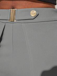 SHEIN Lady 女士纯色高腰开衩下摆宽腿宽松裤 - 灰色 - 查看 3