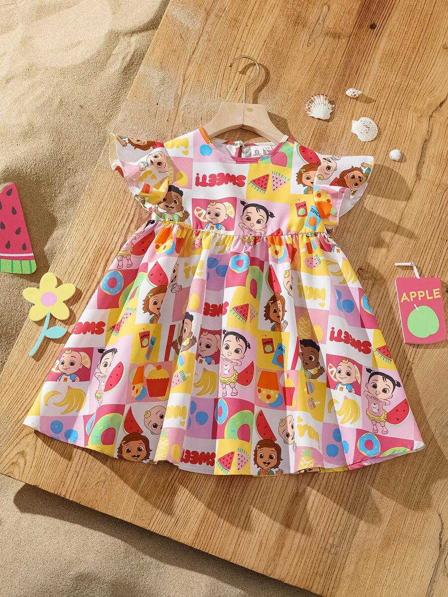 CoComelon X SHEIN Young Girl Colorful Plaid Fruit Print Round Neck Ruffle Sleeve Loose Dress