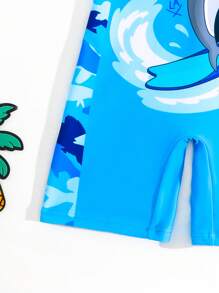 SHEIN Young Boy Cute Cartoon Shark Print Raglan Sleeve Swimsuit With Swim Cap