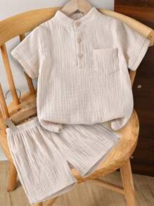 2 Pieces Set Young Boy Casual Collared Short Sleeve Henley Shirt And Shorts, Suitable For Daily Wear, Vacation And Multiple Occasions, Spring/Summer