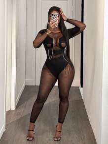 BamGleam Solid Color Round Neck Hollow Mesh Ripped Seamless Jumpsuit - Black - View 3