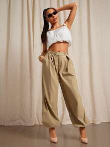 Vixey 松紧腰带休闲宽松慢跑裤，商务休闲女装，女士办公服装，女士工作服，工作裤 - 棕色 - 查看 5