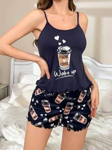 CoupledUp 女士咖啡杯印花吊带背心和短裤睡衣套装 - 藍色 - 查看 4