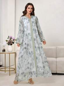 Al Najma Women's V-Neck Tie-Dye Floral Print Chiffon Elegant Maxi Dress, Turkish & Arabian Style, Modest Kaftan - Multicolor - View 7