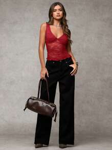 SHEIN BAE Women's Sexy Solid Color See-Through Mesh Sheer Tank Top - Red - View 3