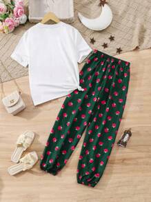 2pcs/Set Tween Girl Retro Print T-Shirt & Retro Printed Pants Set - Green - View 2