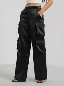 SHEIN Tall 街头服饰 春节服装 缎面工作裤 女式长裤 带 3D 口袋 - 黑色 - 查看 5