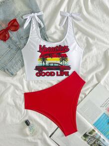 Swim Lushoire Springbreak Racerback Print Bikini Top For Summer Beach Vacation - Orange - View 1