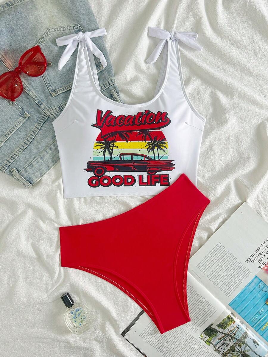 Swim Lushoire Springbreak Racerback Print Bikini Top For Summer Beach Vacation - Orange - View 1