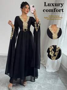 Rafferiza 女士优雅 V 领蕾丝腰 A 字型斗篷袖雪纺长裙，阿拉伯长袍时尚，优雅，斋月，日常穿着，长袍，纯色 - 黑色 - 查看 3
