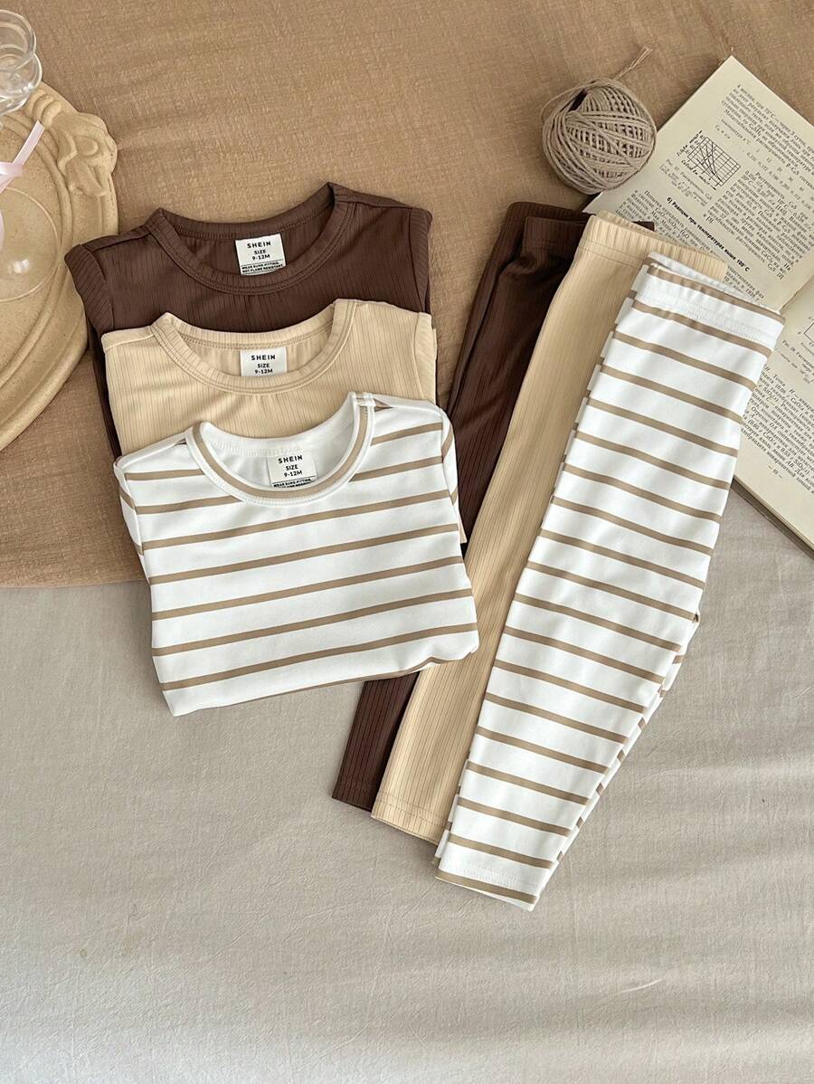 SHEIN LMoss Kids 男婴 6 件套舒适贴身纯色条纹图案圆领短袖上衣和裤子舒适亲肤睡衣套装 - 彩色 - 查看 1