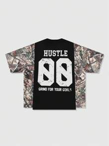 ROMWE MEN Street Life Men's Loose Crop Tee With Camo Branch Print And Slogan, Patchwork Design - Multicolor - View 2