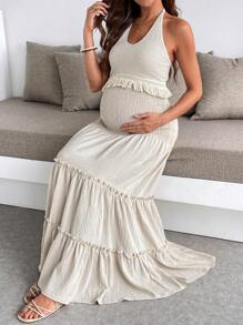 SHEIN 2pcs Maternity Set: Shirred Backless Tassel Trim Casual Top & High Waist Skirt