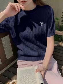 DAZY Women Casual Bow Embroidery Short Sleeve Knit Top - Blue - View 4