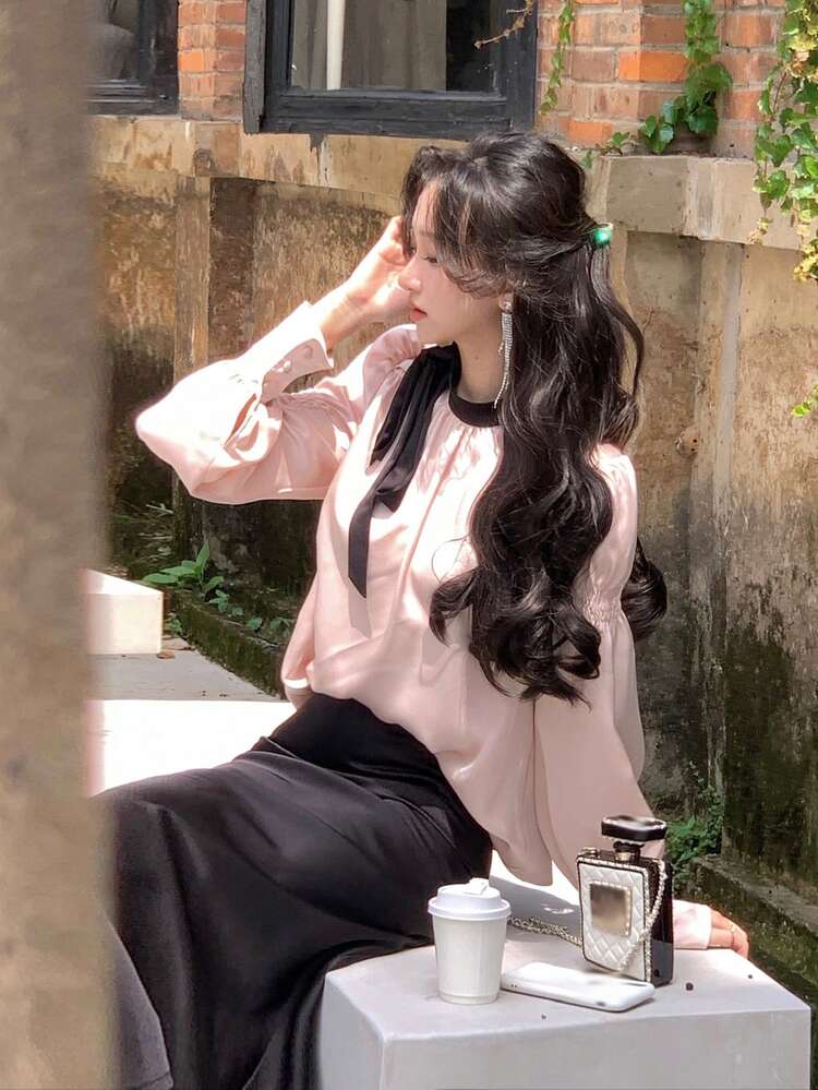 Women Casual Color Block Bowknot Long Sleeve 2 Pieces Set,Fall Clothes