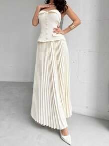 Firerie Women Elegant Commute Tube Top And Pleated Skirt 2 Pieces Set, Minimalist Commute 2 Pieces Outfit, Pleated Skirt Two Pieces Set, Apricot Color Skirt Two Pieces Suit, Teacher Set, Commuter Two Pieces Suit, Commuter, Elegant, Teacher's Day Clothing, Commuter Party, Work Two Pieces Set, Wedding Two Pieces Set, Suitable For Commuting, Daily Wear, Spring /Summer