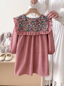 LMoss Kids LMoss 年轻女孩编织纯色拼布碎花彼得潘领休闲连衣裙，女童春秋法式连衣裙，儿童秋季连衣裙，舒适秋冬款式，圣诞节，秋季服装，长袖，秋季连衣裙，年轻女孩花卉图案蕾丝领连衣裙，舒适秋冬款式，秋季，粉色连衣裙，秋季连衣裙，长袖 - 粉色 - 查看 2