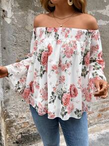 SHEIN Clasi Plus Size Women's Casual Holiday Bohemian Style Floral Print Chiffon Cold Shoulder Blouse, Spring/Summer - White - View 3