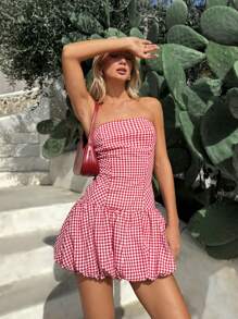 SHEIN EZwear 夏日假日格子抹胸荷叶边迷你连衣裙 - 紅白色 - 查看 3