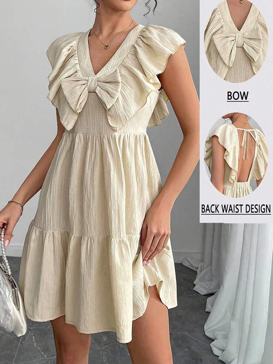 Chiquease Women's V-Neck Ruffle Hem Bow Mini Dress, Summer - Apricot - View 1